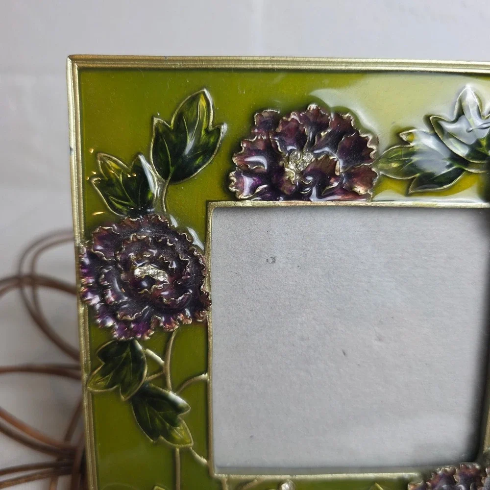 Vintage 90s Style Enamel Floral Picture Frame Green Purple Rhinestone Jeweled